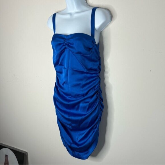 Urban Outfitters LIONES Mini Dress Mysterious Girl Ruched side Satin Blue Size M - Picture 6 of 16